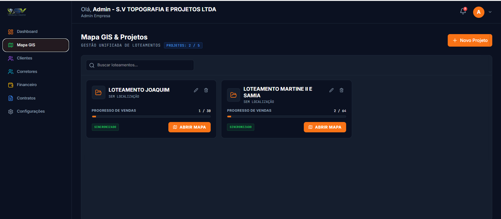 Dashboard do SV LOTES com indicadores, resumo financeiro e atividades recentes