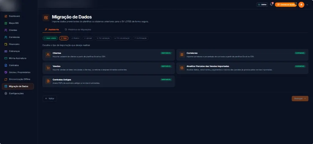 Assistente de migração de dados do SV LOTES